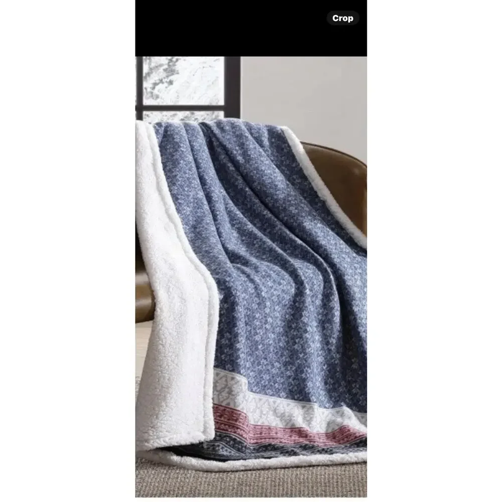 Eddie Bauer Fair Isle Blue & Burgundy Sherpa Reverse 50x70 Throw Blanket - NEW